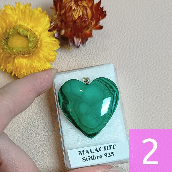 Přívěsek malachit srdíčko 32mm ve stříbře 925 (6)